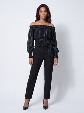 Express Black Off-Shoulder Metallic Stripe Top